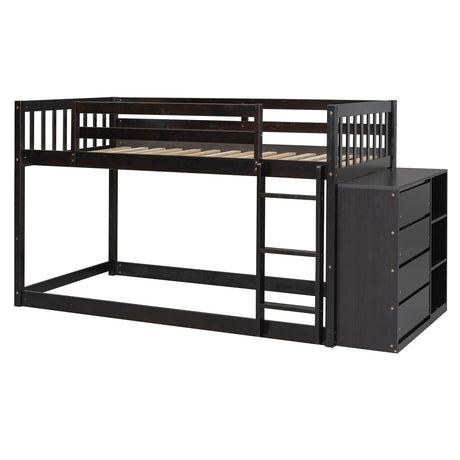 Twin Over Twin Classic Bunk Bed With 4 Drawers And 3 Shelves - Espresso