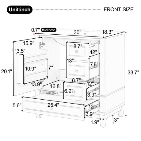 30" Bathroom Vanity With Sink, 1 Door With Shelf And 3 Drawers, Soft Close Door - Black