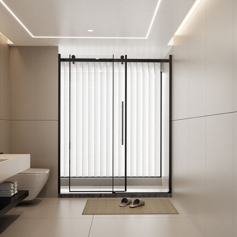 Frameless Shower Door Single Sliding, Clear Tempered Glass Shower Door With Zinc Roller Rail System, Stainless Steel Handle - Black