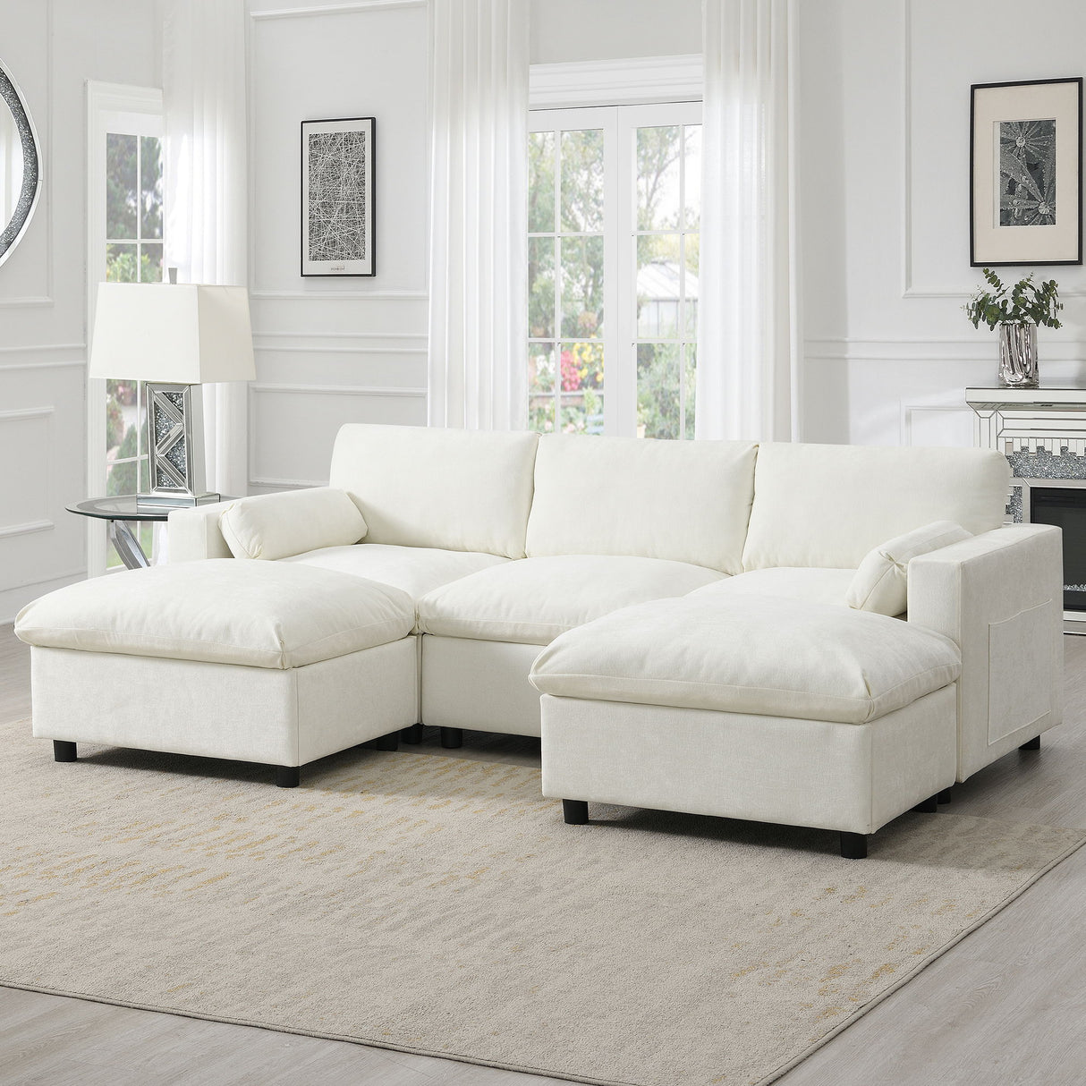 Modular Sectional With Storage Pockets, 5 Seat U Shaped Couch Set With Pillows, Free Combination Modern Cloud Sofa With 2 Movable Ottoman