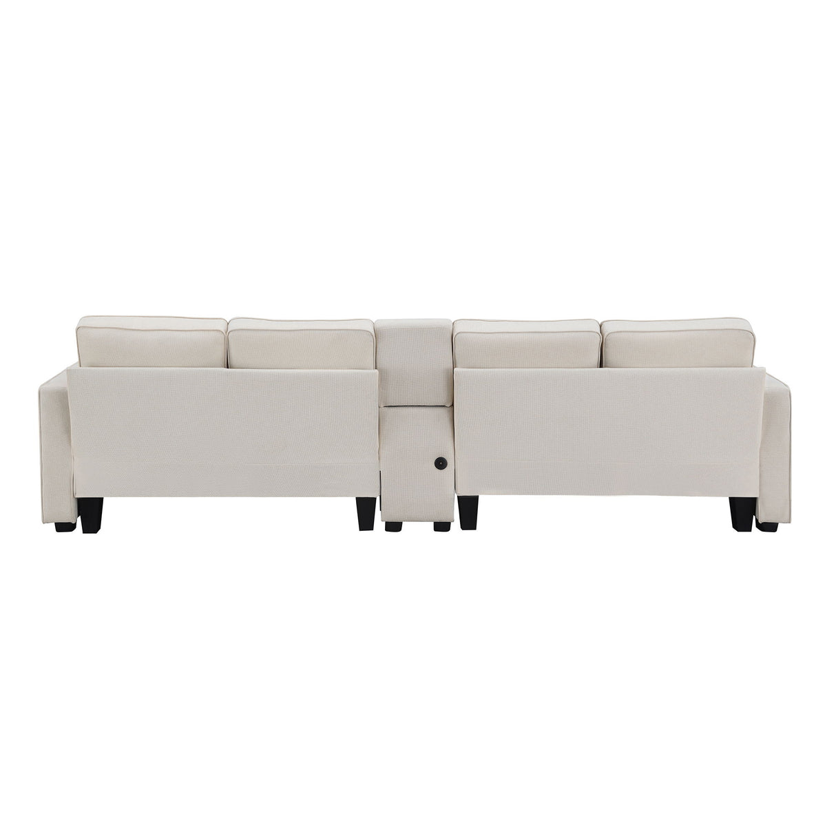 Upholstered Sofa With Console, 2 Cupholders And 2 USB Ports Wired Or Wirelessly Charged, Modern Linen Fabric Couches With 4 Pillows For Living Room, Apartment (4-Seat)