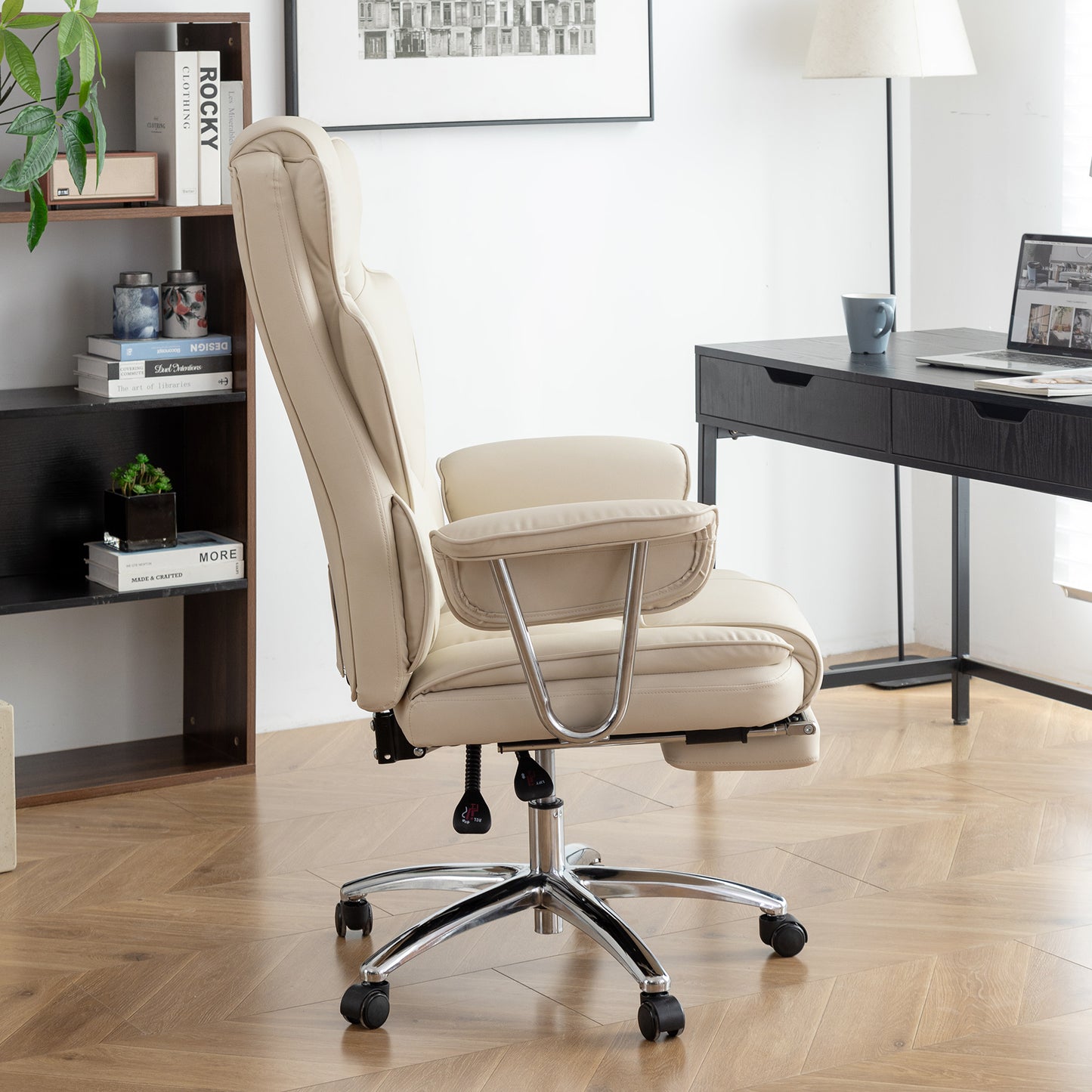 Office Chair, Big and Tall Executive Office Chair with Footrest, Leather Computer Chair, Ergonomic Reclining Chair High Back , Large Home Office Chair (Beige)