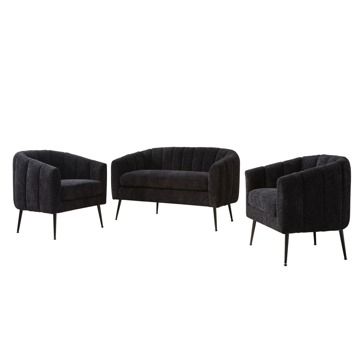 3 Piece Living Room Furniture Set Sofa & Armchairs - Black