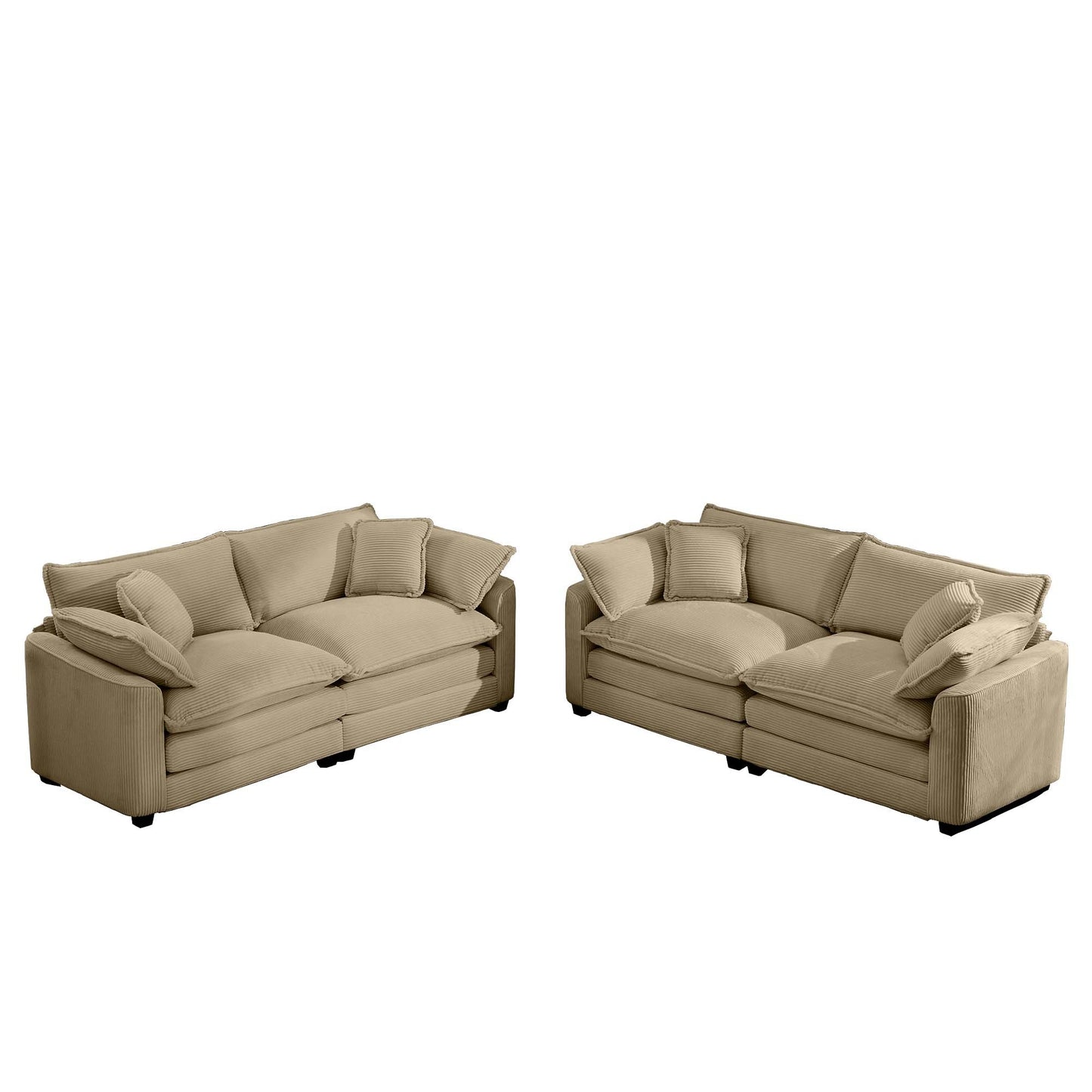 Modern Fabric Living Room Sofa Two Piece Set, Two 2-Seater Sofas with 8 Cushion Upholstery Large Deep Seat Recliner, Tan Corduroy Fabric