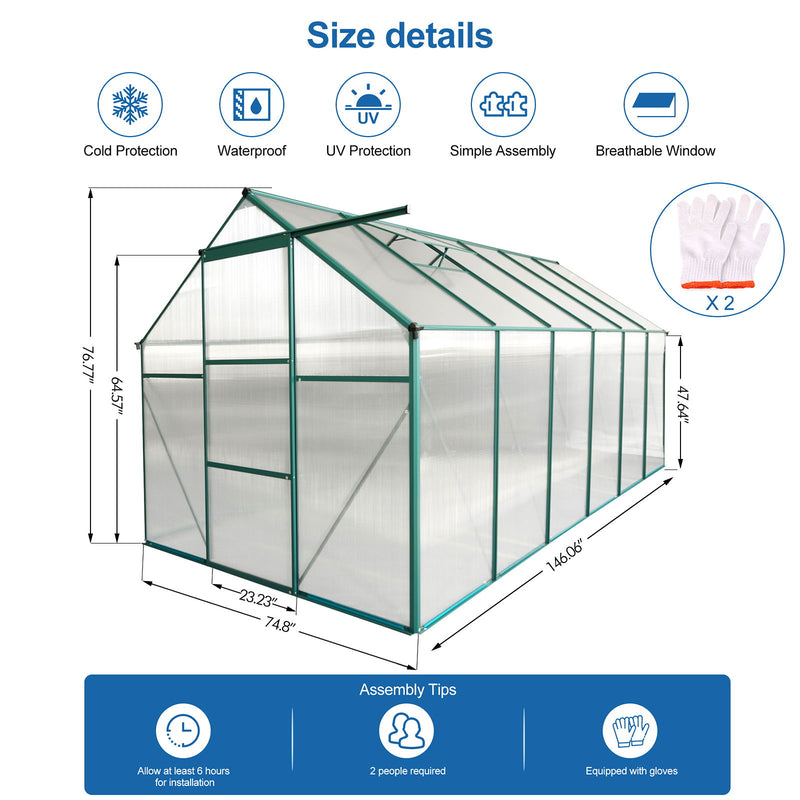 Polycarbonate house Raised Base And Anchor Aluminum Heavy Duty Walk-In houses For Outdoor Backyard In All Season