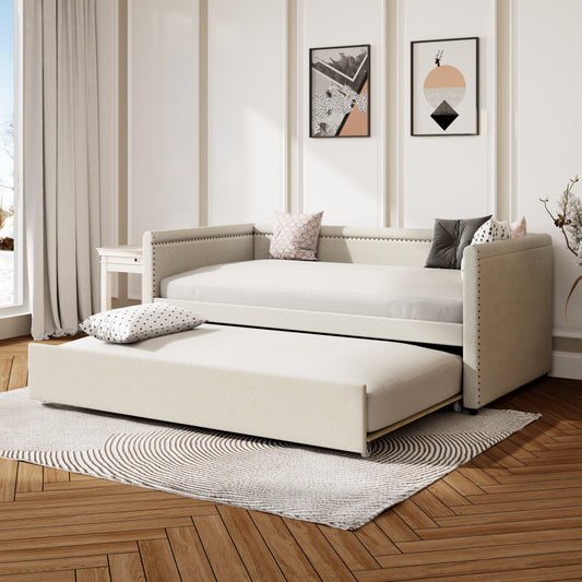 Modern Style Upholstered Daybed With Trundle For Guest Room, Small Bedroom