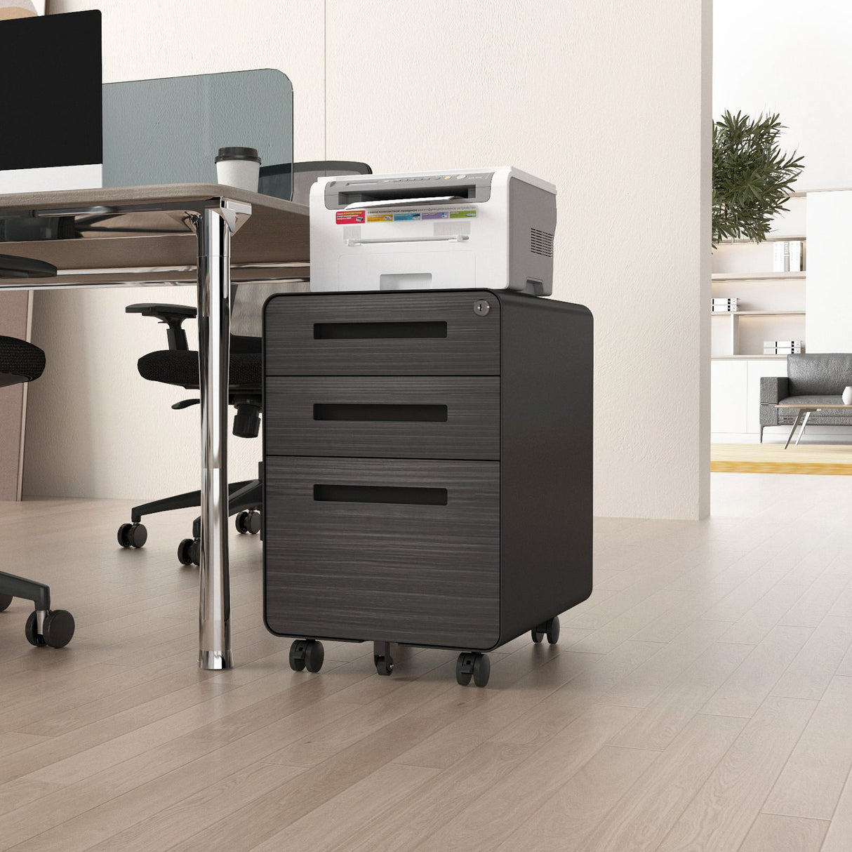 3 Drawer Mobile File Cabinet Under Desk Office, Simple Style Versatile Storage Cabinet For Legal / Letter / A4 Files, 5 Wheel Design Anti-Tilting Cold Rolled Steel Waterproof Moisture-Proof