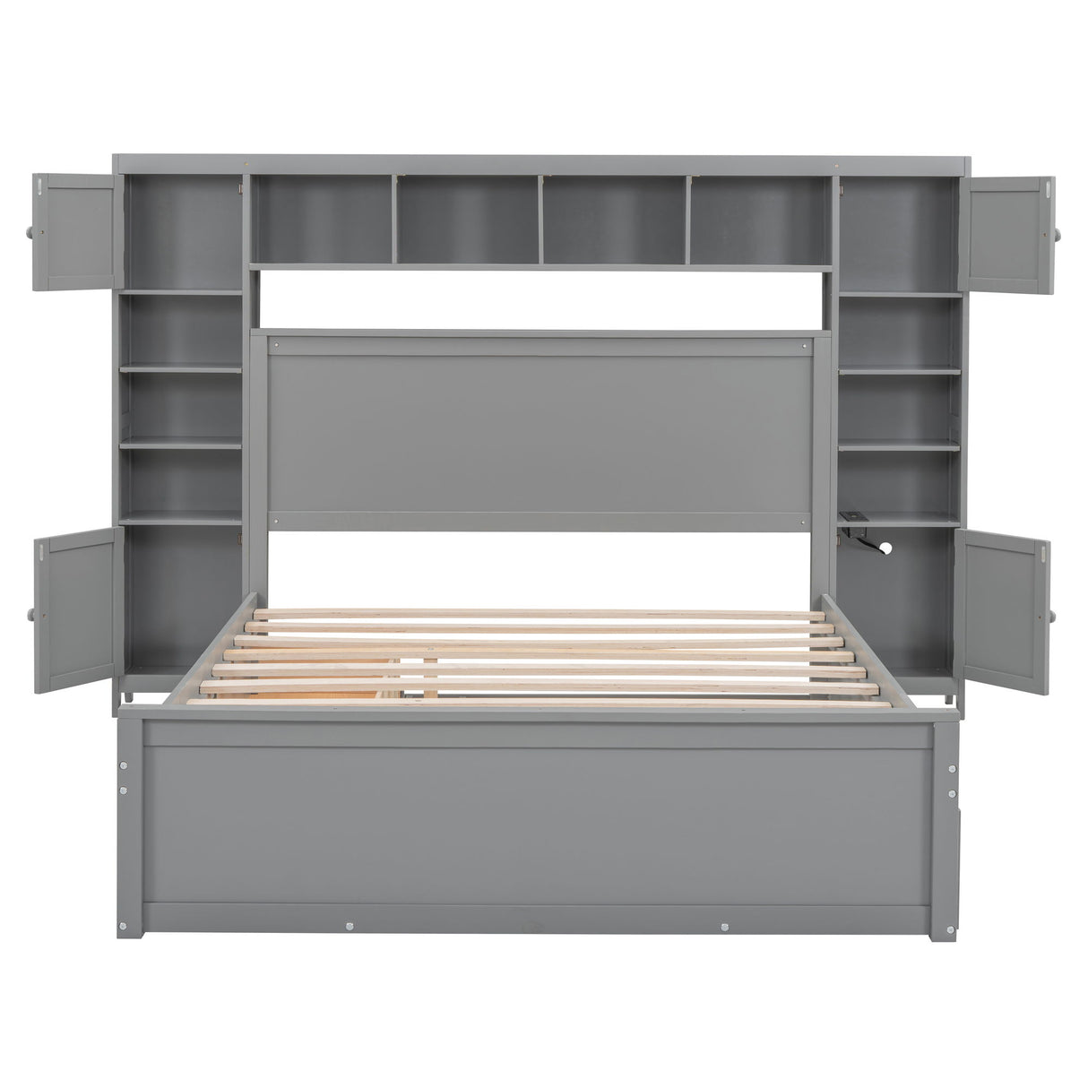 Bed With All In One Cabinet, Shelf And Sockets, Twin Long Trundle