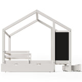 Twin House Bed With Blackboard And Drawers, 2 Assembly Options - White
