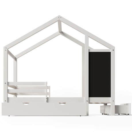 Twin House Bed With Blackboard And Drawers, 2 Assembly Options - White