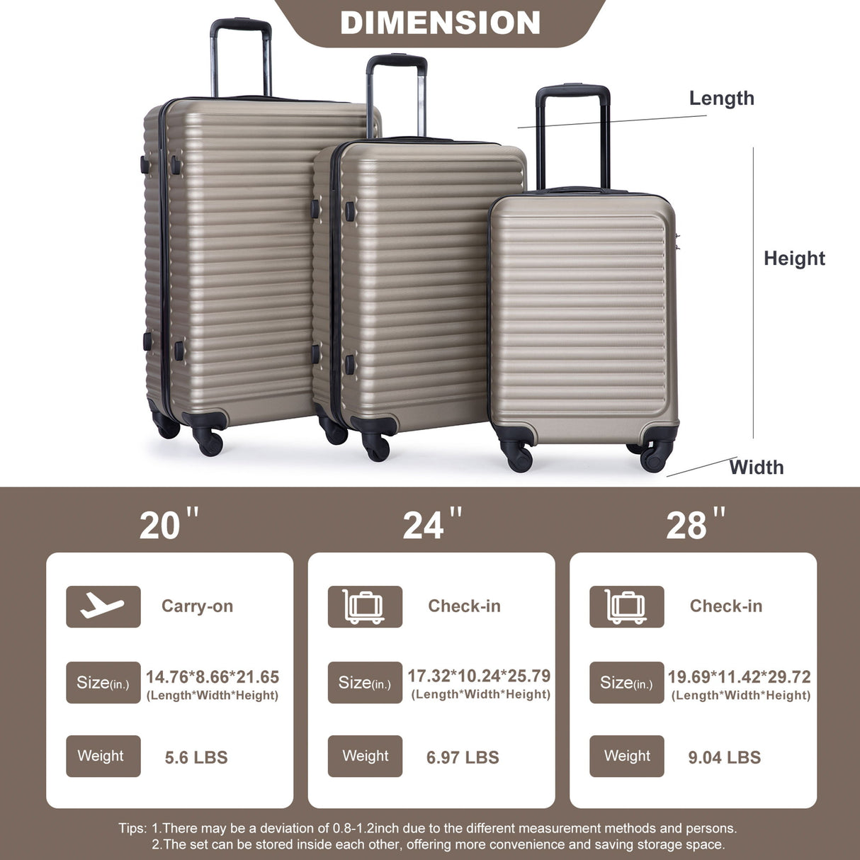 3 Piece Luggage Sets Lightweight Suitcase With Two Hooks, Spinner Wheels, Tsa Lock