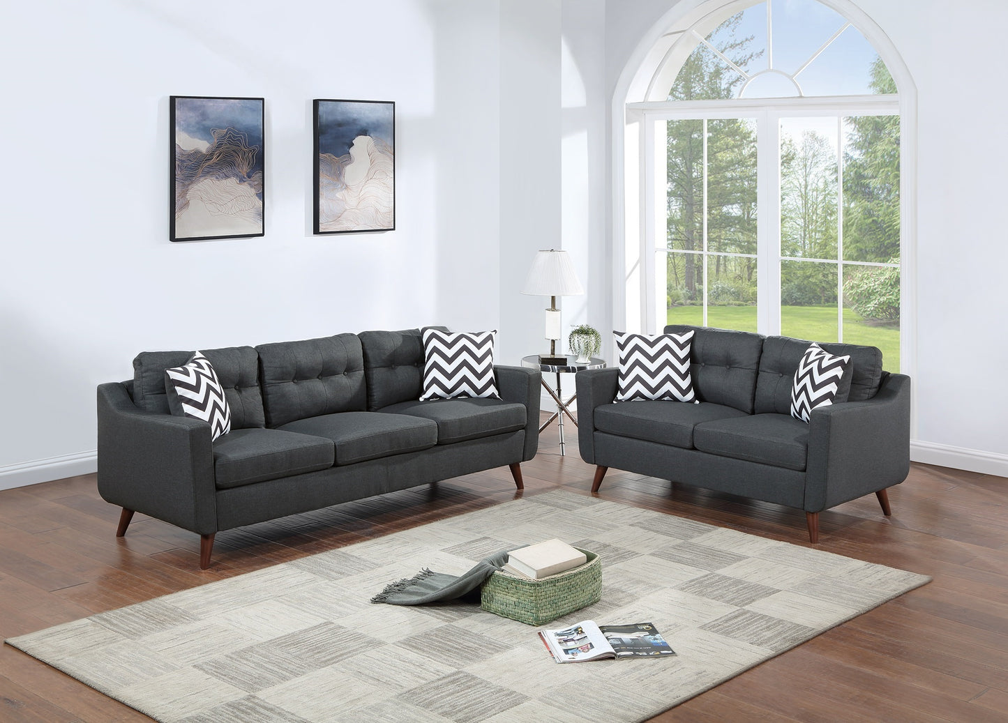 Modern Cozy Sofa Loveseat w Pillows 2pc Sofa Set Black Polyfiber Couch Tufted Cushions Living Room