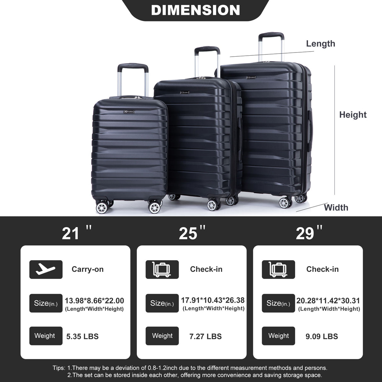 3 Piece Luggage Sets Lightweight & Durable Expandable Suitcase With Two Hooks