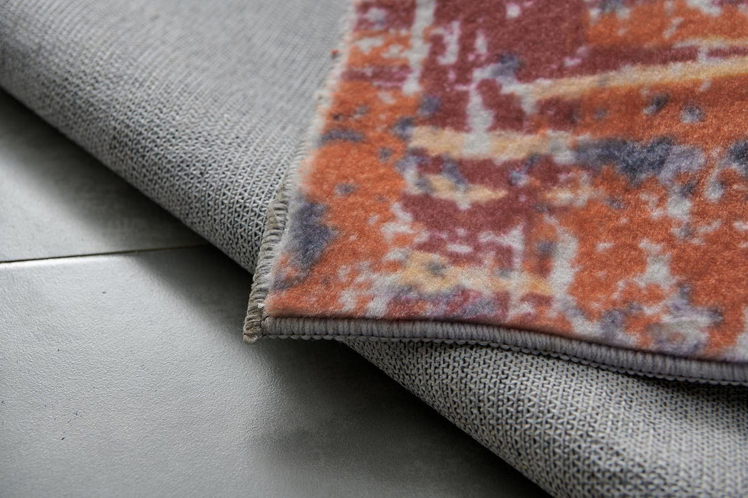 ZARA Collection Abstract Design Grey Brown and Rust Machine Washable Super Soft Area Rug