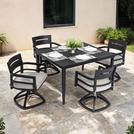 5 Piece Outdoor Patio Furniture, Modern Dining Set, 4 Swivel Chairs Rockers Sunbrella Fabric And Square Dining Table With Umbrella Hole - Ember Black