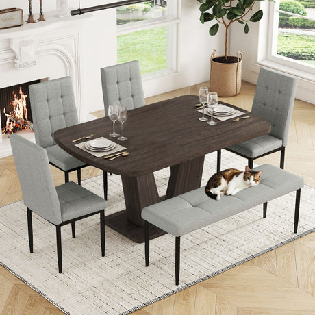6 Piece Dining Table Set For 6, Table With V-Shaped Legs And 4 Upholstered Chairs & Bench, Modern Dining Room Set For Kitchen, Dining Room - Gray