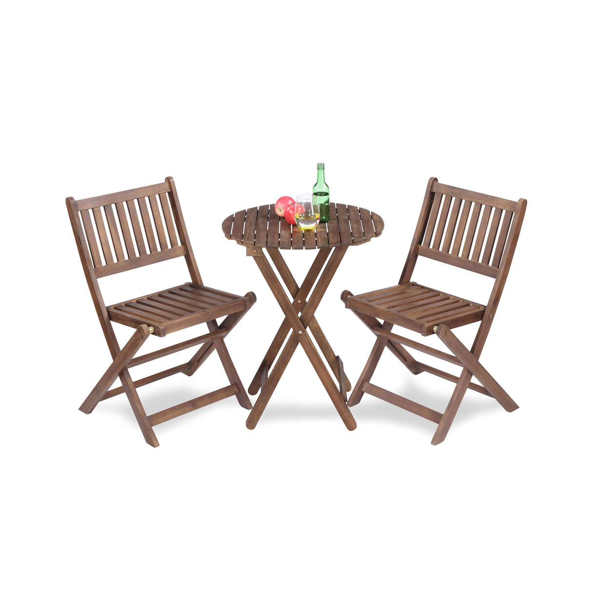 3 Piece Acacia Bistro Set, Folding Patio Furniture With 1 Coffee Table And 2 Foldable Chairs