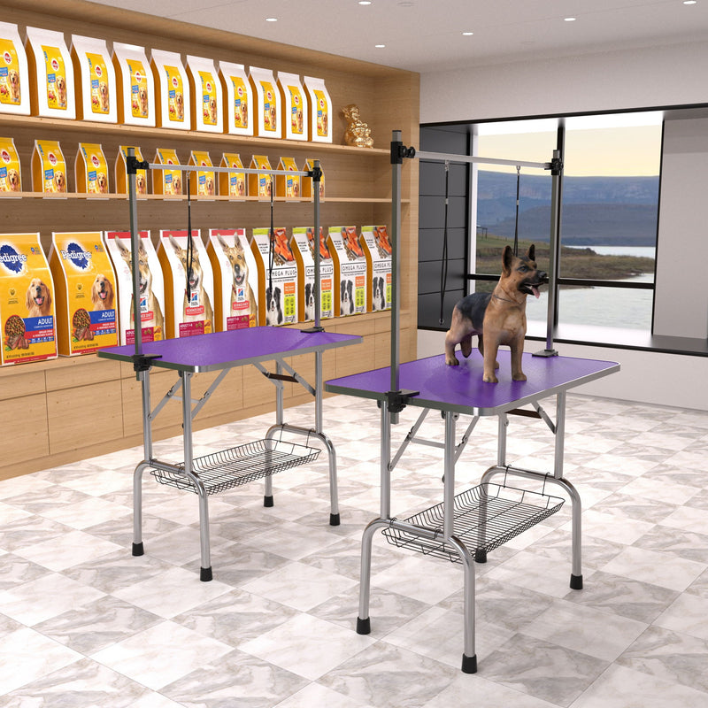 Folding Dog Pet Grooming Table Stainless Steel Frame Rubber Mat On Board With Adjustable Arm And Clamps Pet Dog Cat Grooming Table