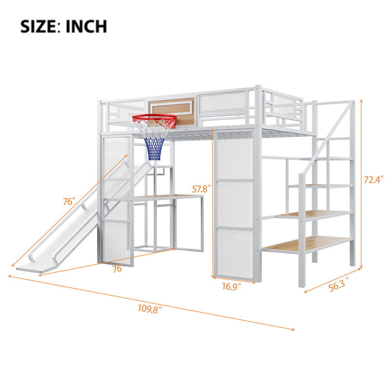 Loft Bed With Built In Desk, Open Wardrobe, Basketball Hoop, Slide And Staircase