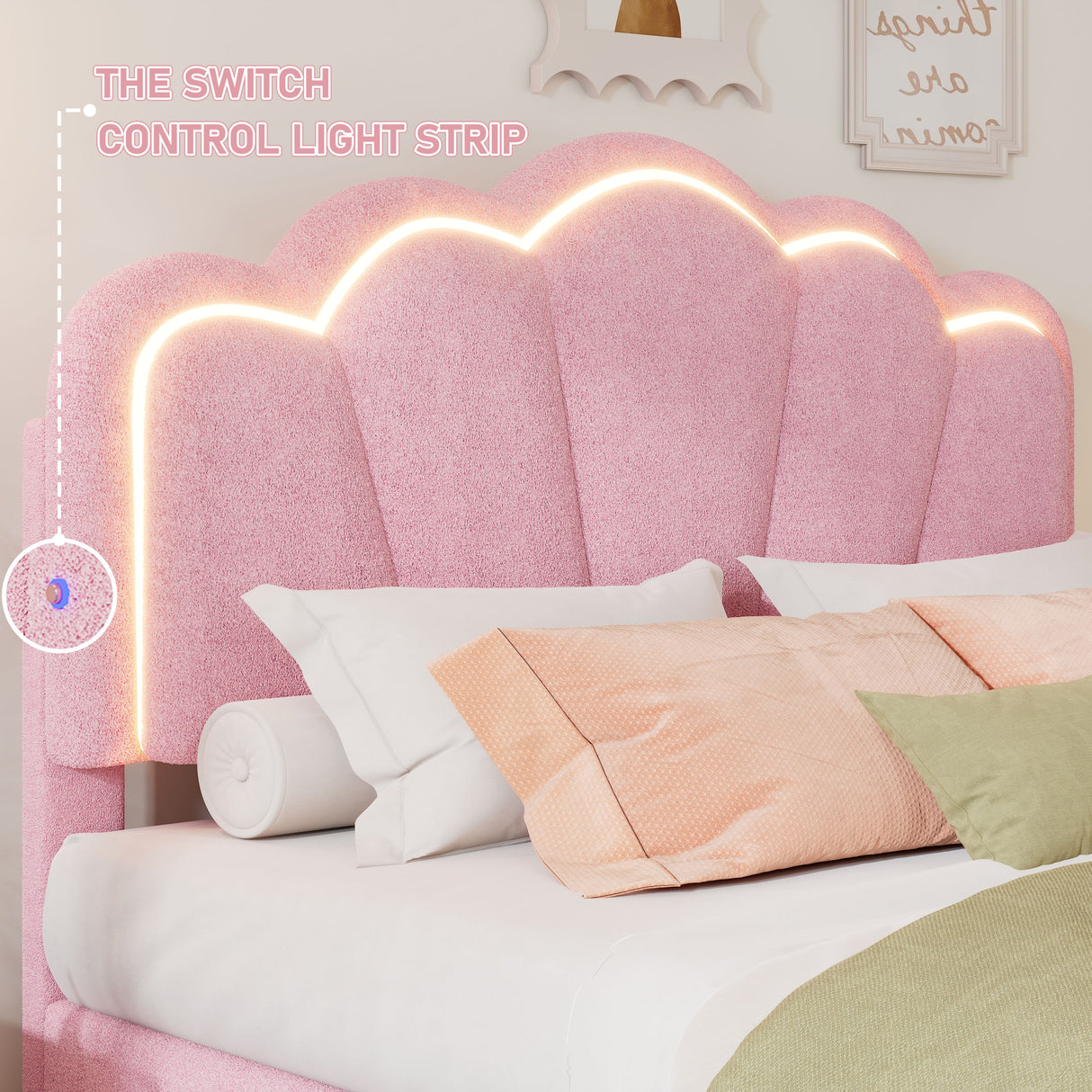 Upholstered Elegant Flowers Headboard With LED Light Strip, Platform Bed With Slats Support