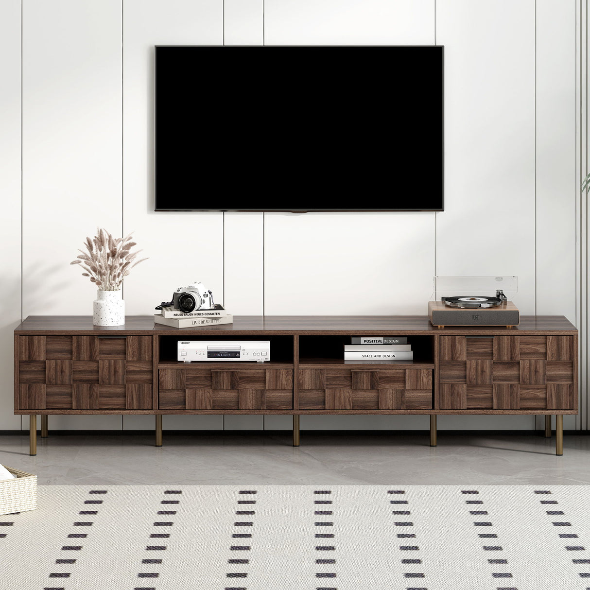 Mid Century TV Stand With 2 Drawers, Media Console Table For Tvs Up To 85'', Entertainment Center With Storage For Living Room - Dark Brown