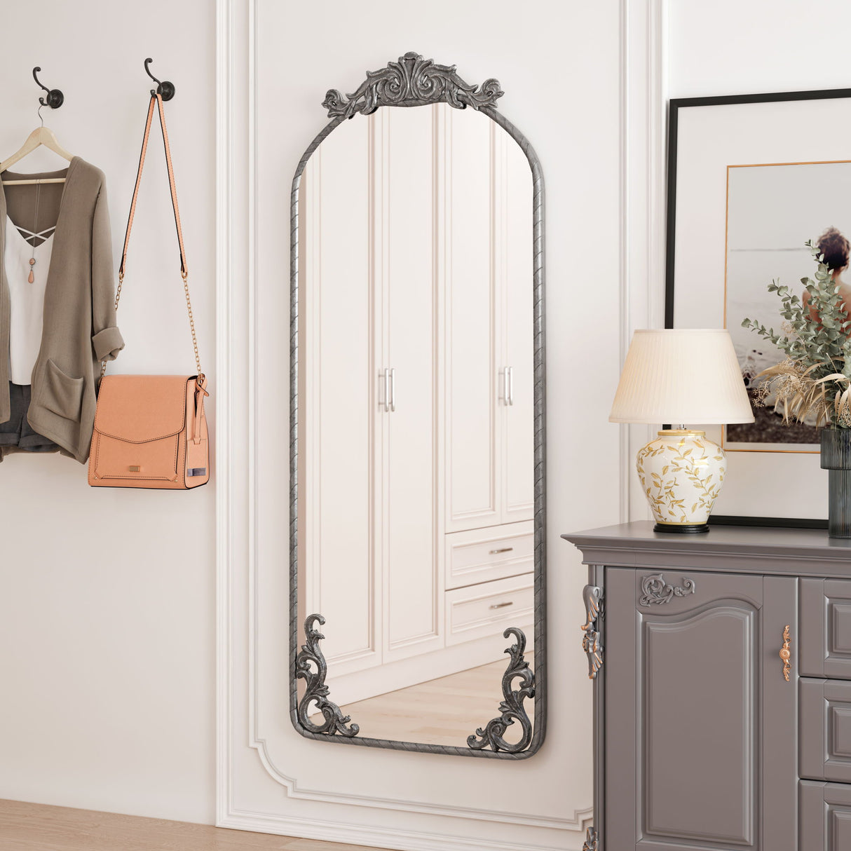 Full Body Arched Mirror With Vintage Carved Applique