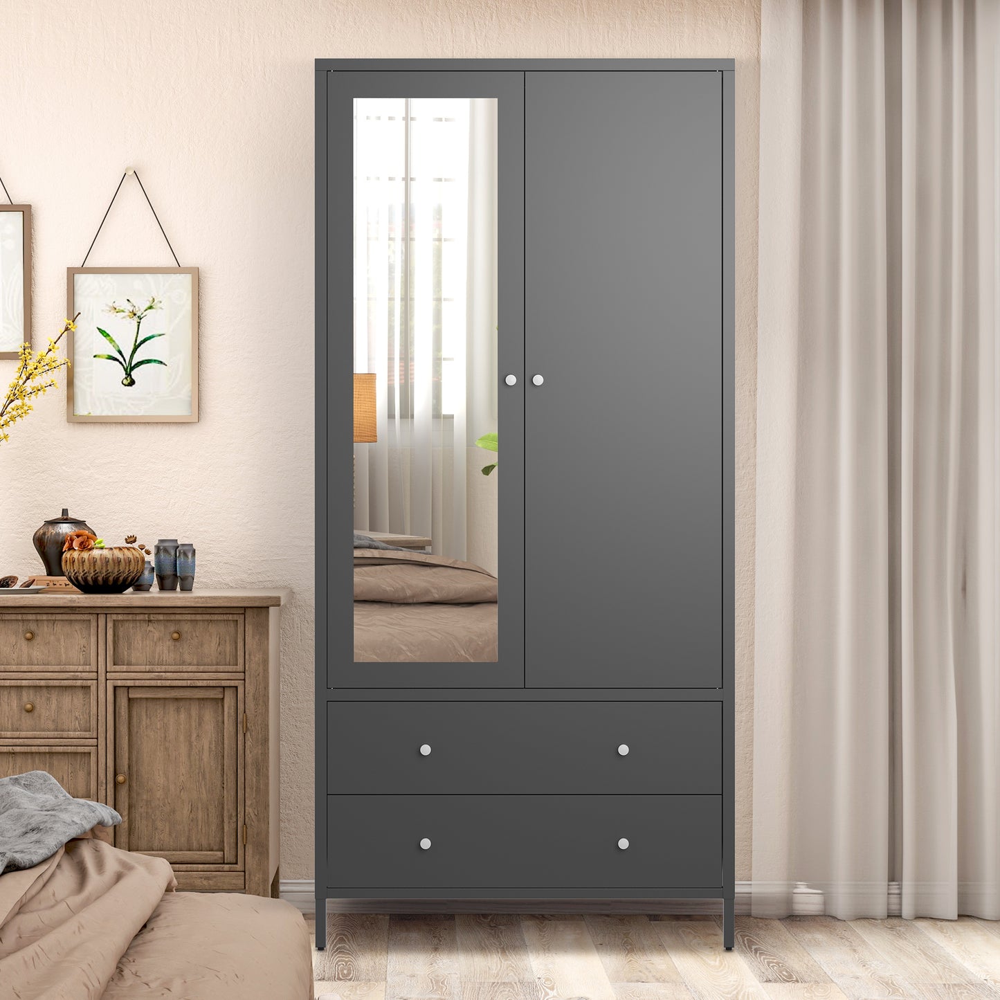 Metal Armoire Wardrobe Closet with 2 Drawers, Mirror Door and Hanging Rod, Metal Clothing Storage Cabinet, Garment Organizer with Magnetic Door - Dark Grey