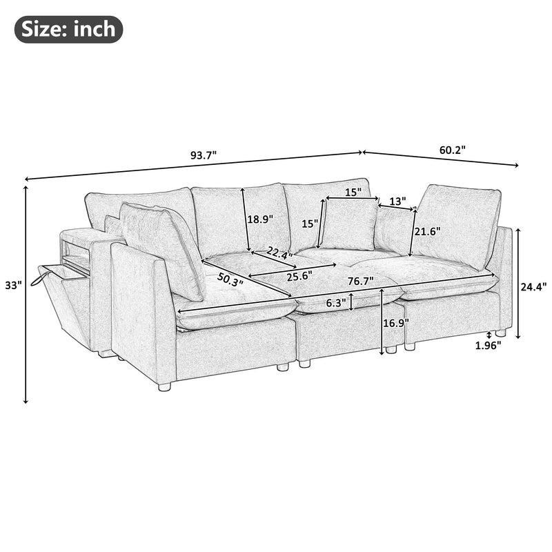 Modern Sectional Sofa U-Shaped With Movable Ottoman Storage Armrests And USB Ports