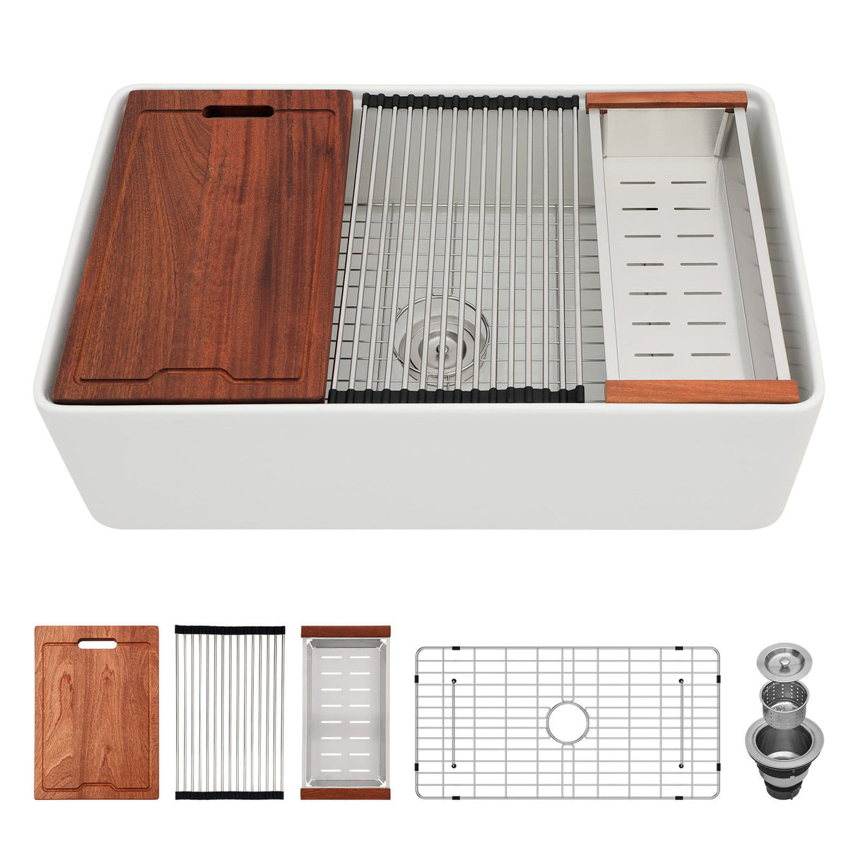 Farmhouse Sink Workstation, Ceramic Single Bowl With Accessories