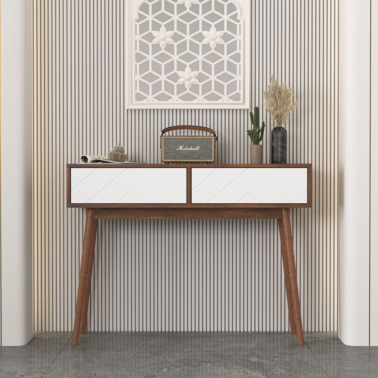 Rustic Entryway Console Table With Carved Panel Drawers And Wood Legs - Natural