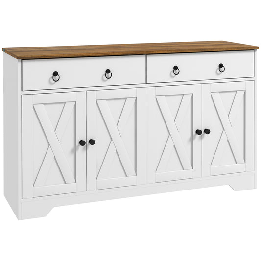 HOMCOM Sideboard, Buffet Cabinet with 2 Drawers, 2Storage Cabinets, 4 Barn-Style Doors and Adjustable Shelves, Farmhouse Buffet Table with Storage, Wood Grain Top, White