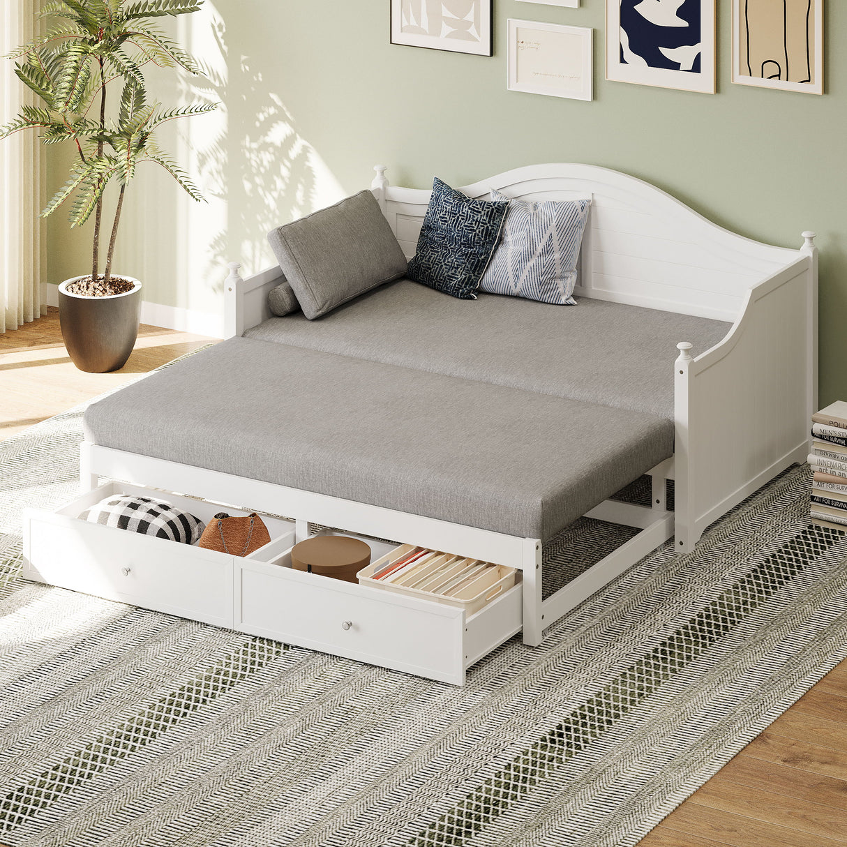 Daybed With Extended Pop Up Trundle And Storage Drawers