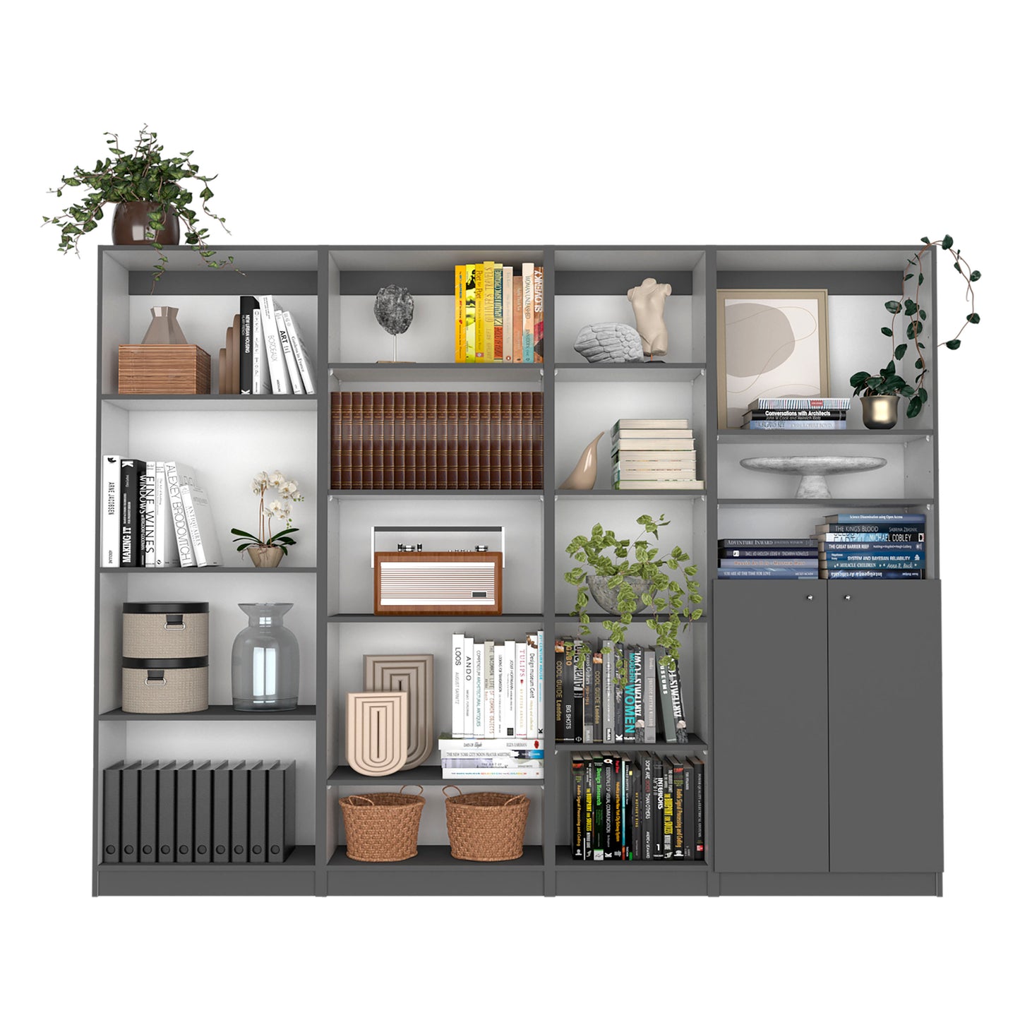 Dupree 4 Piece Home Bookcase set, 91" Wide with 17 Shelves And a Double-Door Cabinet ,  Living Room Set  Matt Gray / White