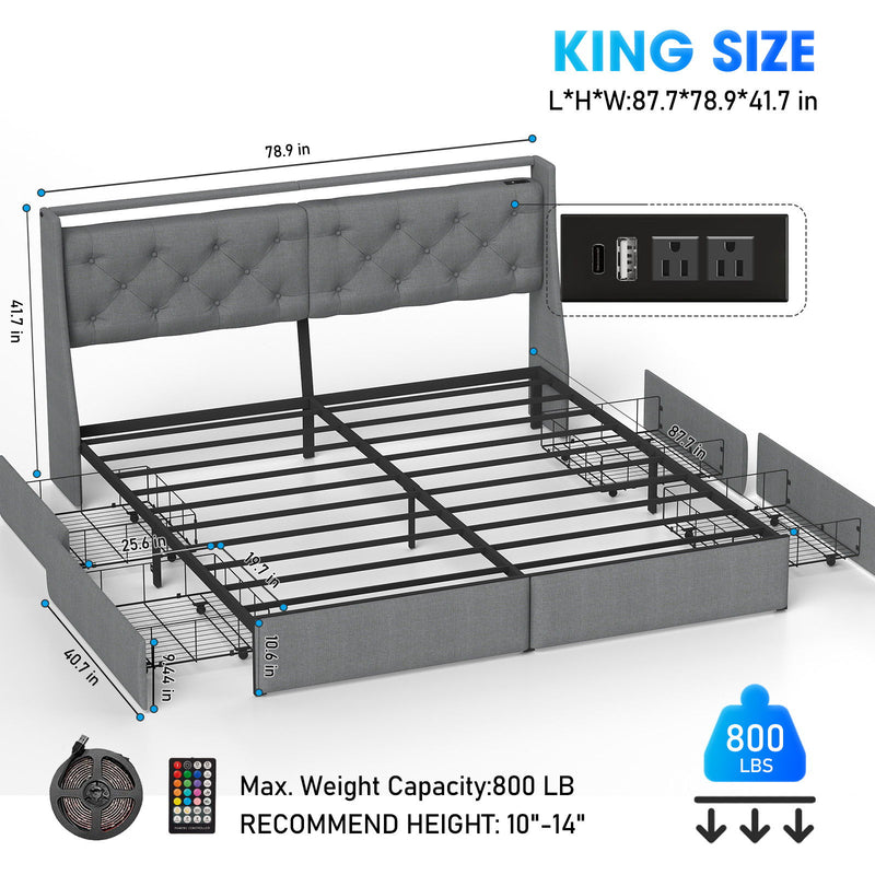 Platform Bed Frame With RGB LED Lights, Charging Station, Storage Headboard & 4 Underbed Drawers