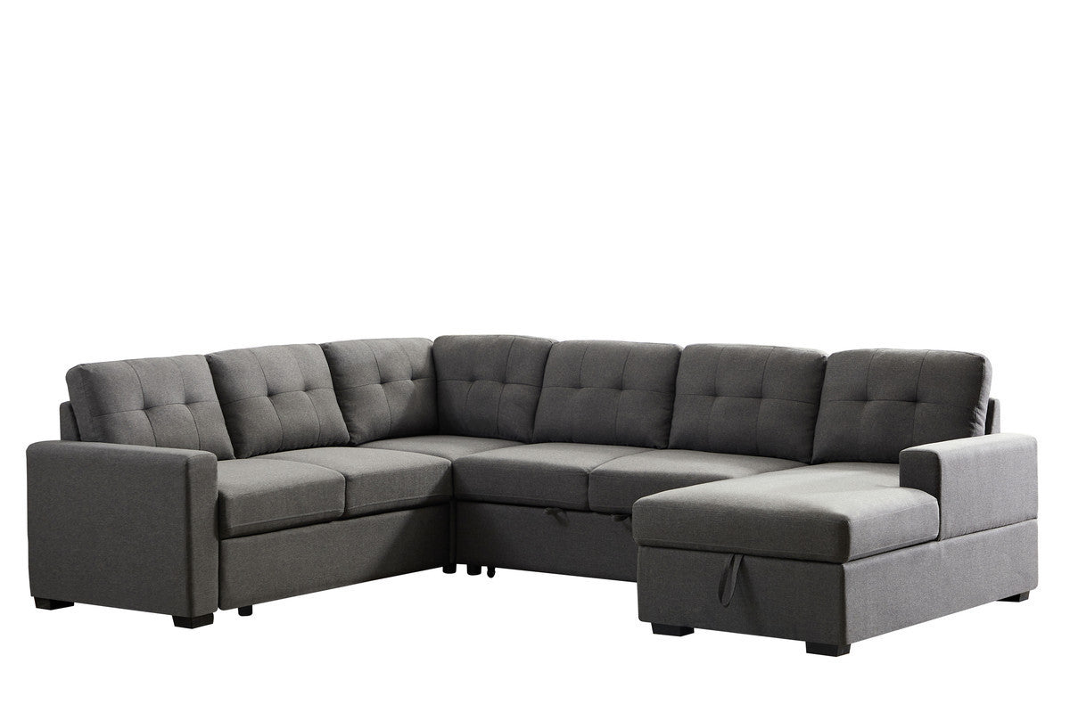 Selene 115.5" Dark Gray Linen Fabric Sleeper Sectional Sofa with Storage Chaise