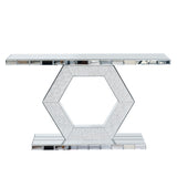 Sparkling Crystal Hexagon Mirror Entryway Premium Modern Foyer Console Table With Diamond Glass Effects, Dual Tier Luxury Sofa Table - Silver