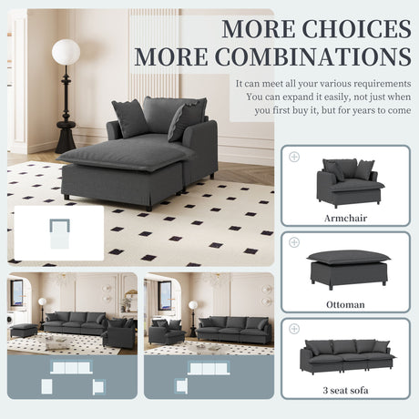 Oversized Chaise Lounge Indoor Single Sofa Bed With Wide Seat, Upholstered Lazy Sleeper Armchair With Movable Ottoman Reading Couch Set - Gray