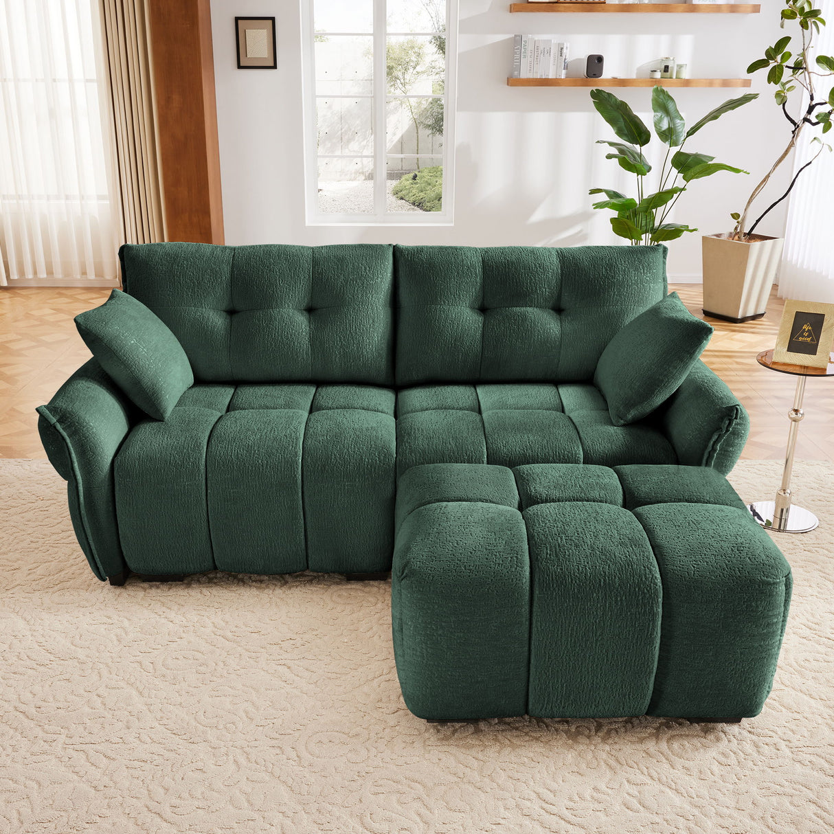 Elegant Sofa Set With Ottoman And Pillows, Textured Chenille, High Resilience Cushions