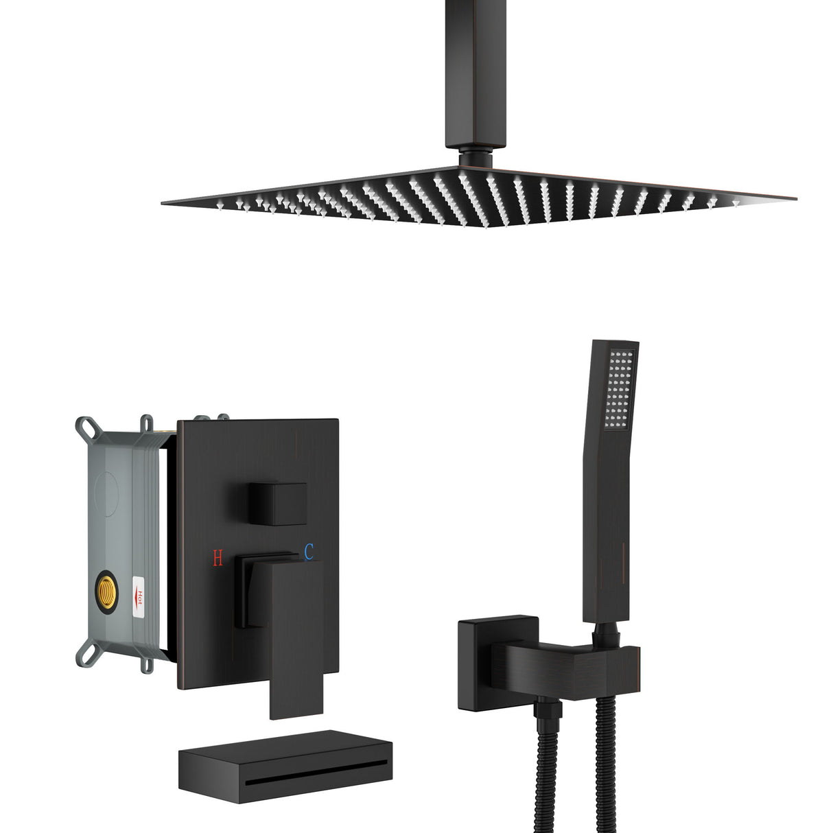 Shower System With Waterfall Tub Spout And 12" Ceiling Mount Square Shower Head - Oil-Rubbed Bronze