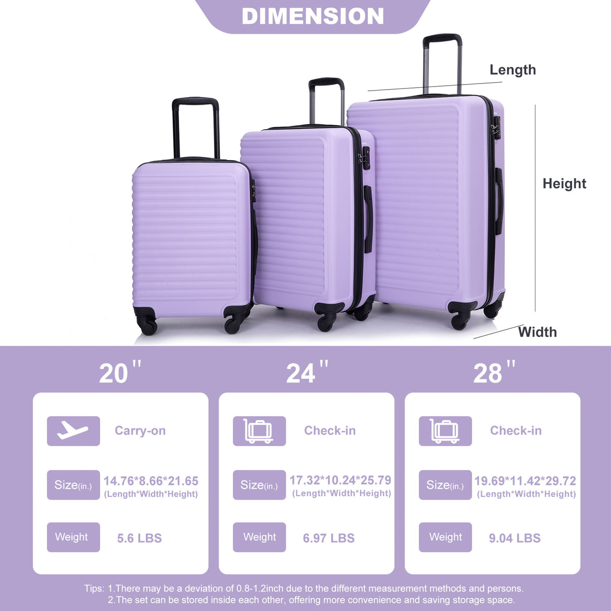3 Piece Luggage Sets Lightweight Suitcase With Two Hooks, Spinner Wheels, Tsa Lock