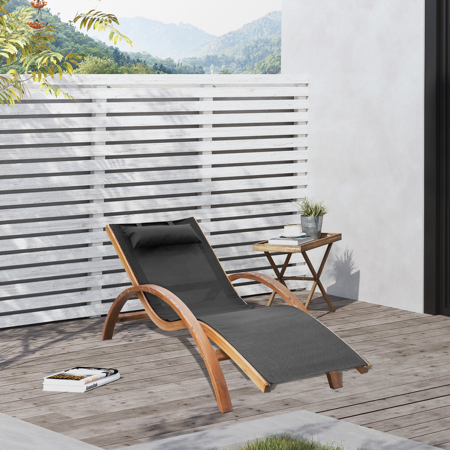 Outsunny Outdoor Chaise Wood Lounge Chair with Pillow, Armrests, Breathable Sling Mesh and Comfortable Curved Design for Patio, Deck, and Poolside