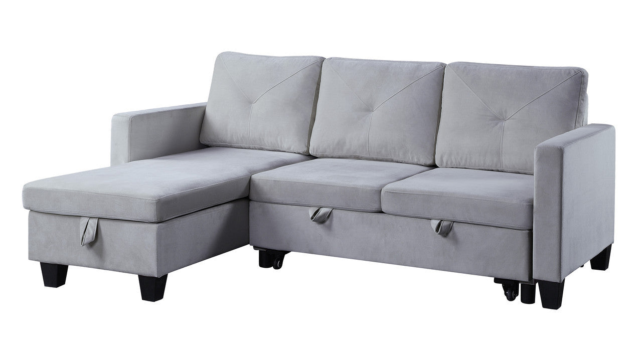 Nova 82.5" Light Gray Velvet Reversible Sleeper Sectional Sofa with Storage Chaise