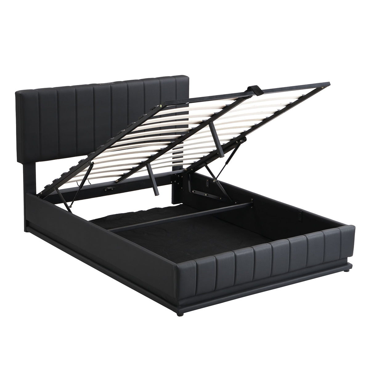 Upholstered Bed With Hydraulic Storage System And LED Light, With Sockets And USB Ports