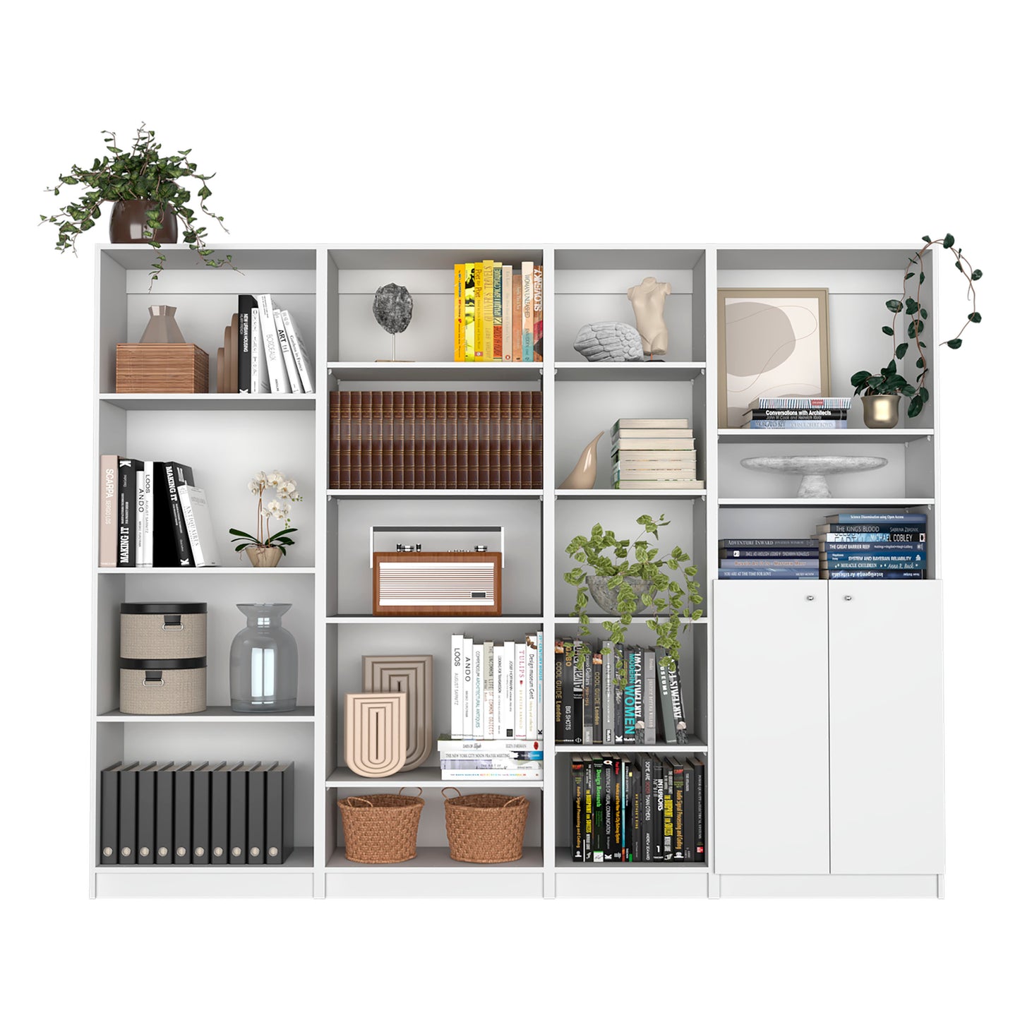 Dupree 4 Piece Home Bookcase set, 91" Wide with 17 Shelves And a Double-Door Cabinet ,  Living Room Set White