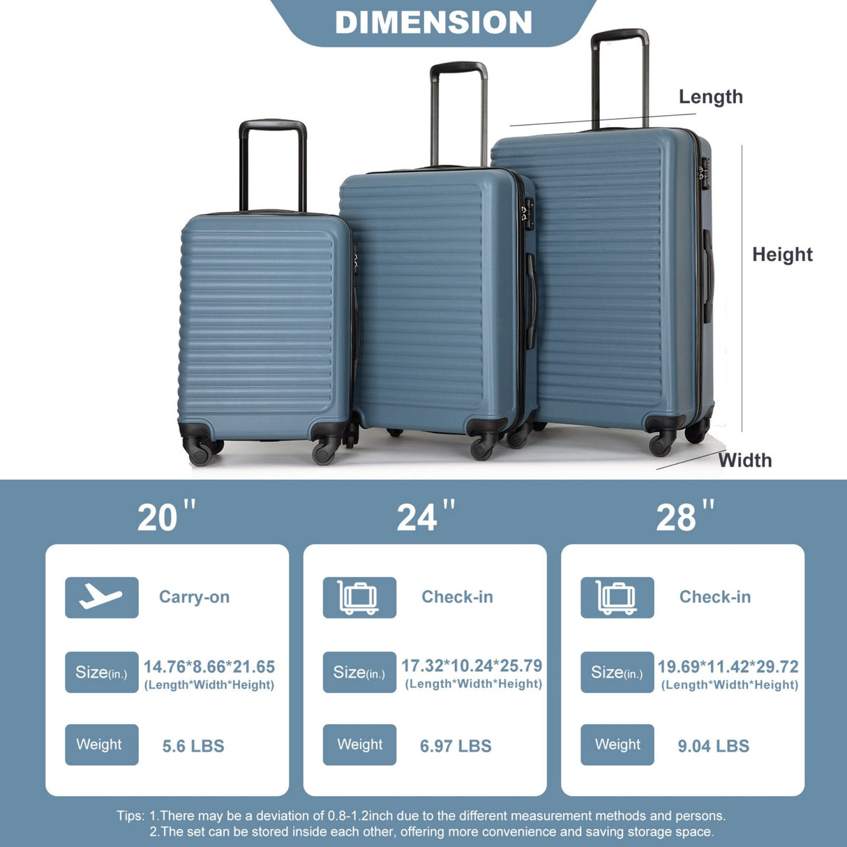 3 Piece Luggage Sets Lightweight Suitcase With Two Hooks, Spinner Wheels, Tsa Lock