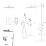 Square Shower System With Waterfall Tub Spout And Rough In Valve, Wall Mounted