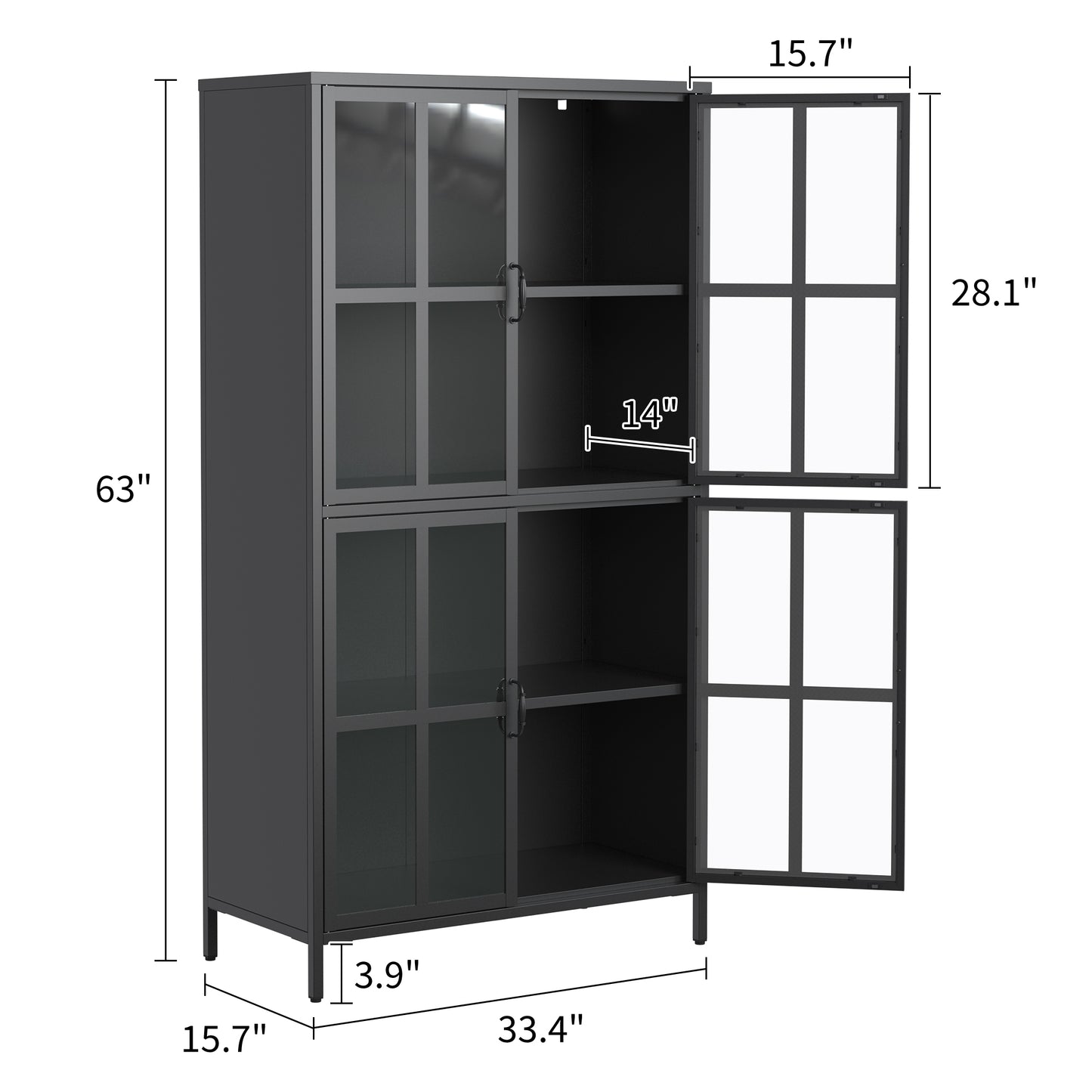 Premium Black Metal Storage Cabinet with Tempered Glass Doors, Adjustable Shelves, Anti-Tipping Device, Magnetic Silent Closure, and Adjustable Feet for Home and Office Use