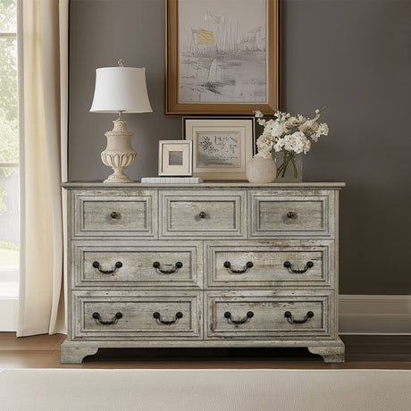 Farmhouse Vintage 7 Drawers Dresser With Natural Texture