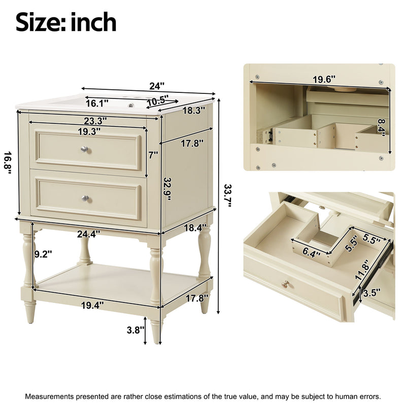 Bathroom Vanity With Sink, 2 Drawers Storage Cabinet, Open Shelf
