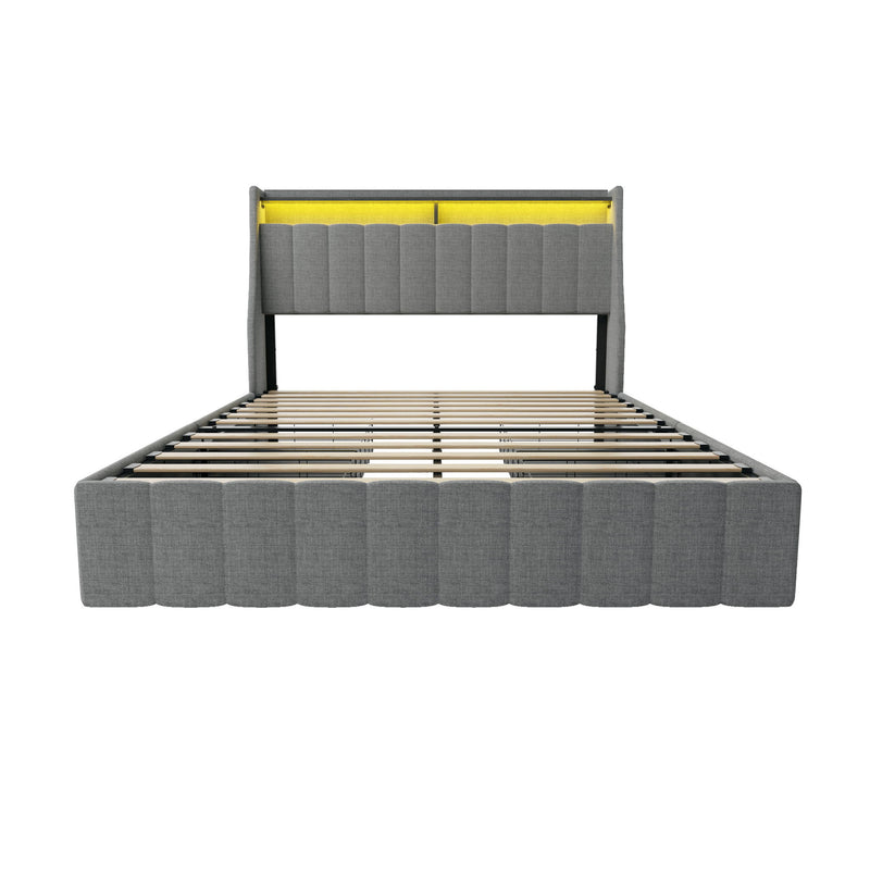Bed With LED Lights, 4 Drawers, Winged Headboard Upholstered